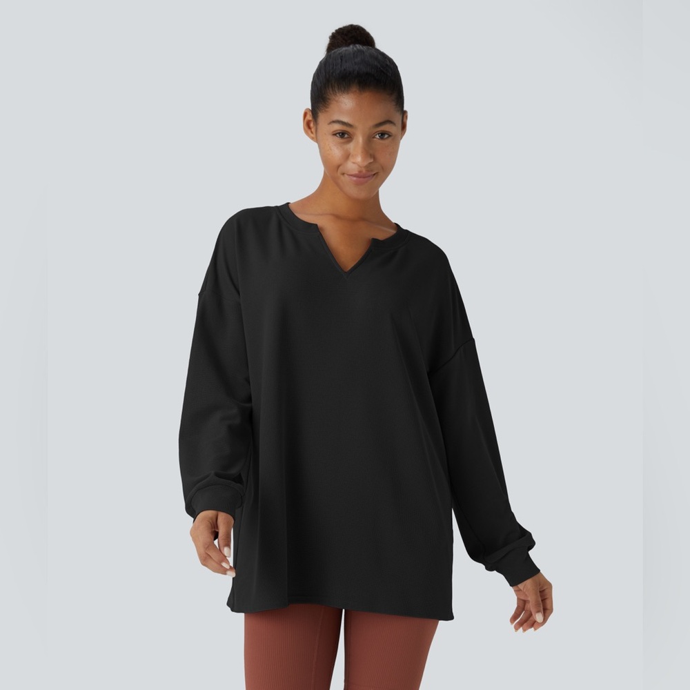 Halara V Neck Dropped Shoulder Relaxed Waffle Casual
Sweatshirt - Picture 3 of 7
